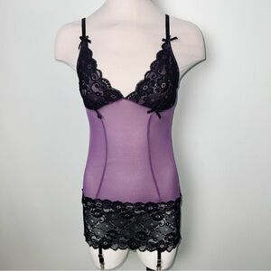 Baci Purple Mesh & Black Lace Garter Chemise - Lingerie - Size S/M US 34-36 Bust